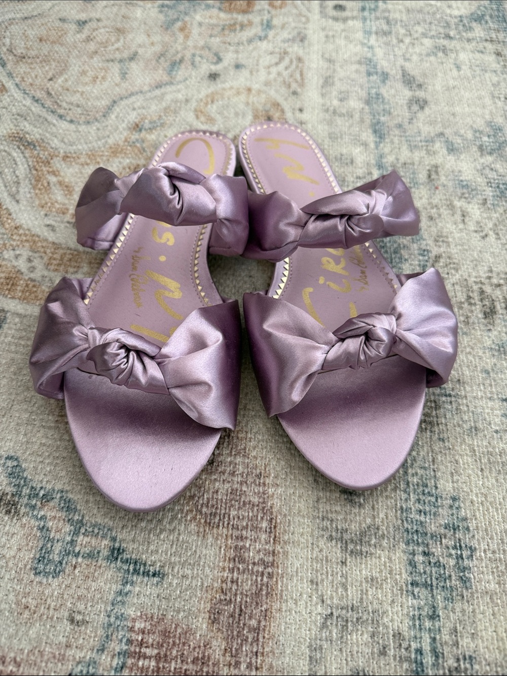 Satin Knot Double-Band Slide Sandals in Lilac